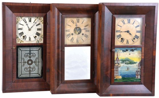 Clocks- 6 (Six): (1) Brewster & Ingrahams, Bristol, Conn., 30 hour, time and strike, weight brass movement OG shelf clock, c1850; (2) William S. Johnson, New York, 30 hour, time and strike, weight brass movement OG shelf clock, c1850. (3) Chauncey Jerome, New Haven, Conn., 8 day, time and strike, weight brass movement OG shelf clock, c1860 (4) Chauncey Boardman, Bristol, Conn., 30 hour, time and strike, weight wood movement bevel case shelf clock, c1845. (5) Chauncey Jerome, New Haven, Conn., 30 hour, time and strike, weight brass movement OG shelf clock, c1845. (6) Chauncey Boardman, Bristol, Conn., 30 hour, time and strike, weight wood movement bevel case shelf clock, c1845