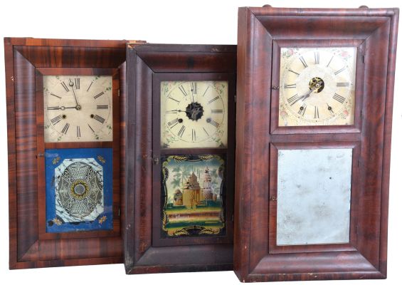 Clocks- 6 (Six): (1) Brewster & Ingrahams, Bristol, Conn., 30 hour, time and strike, weight brass movement OG shelf clock, c1850; (2) William S. Johnson, New York, 30 hour, time and strike, weight brass movement OG shelf clock, c1850. (3) Chauncey Jerome, New Haven, Conn., 8 day, time and strike, weight brass movement OG shelf clock, c1860 (4) Chauncey Boardman, Bristol, Conn., 30 hour, time and strike, weight wood movement bevel case shelf clock, c1845. (5) Chauncey Jerome, New Haven, Conn., 30 hour, time and strike, weight brass movement OG shelf clock, c1845. (6) Chauncey Boardman, Bristol, Conn., 30 hour, time and strike, weight wood movement bevel case shelf clock, c1845