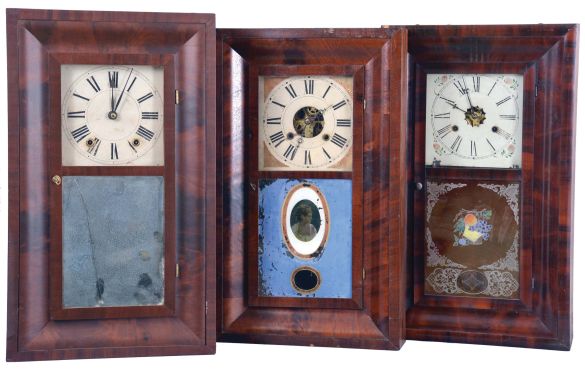Clocks- 6 (Six): Seth Thomas Clock Co., Thomaston, Conn., 8 day, time and strike, weight brass movement OG shelf clock, c1870; (2) Chauncey Jerome, New Haven, Conn., 8 day, time, strike and alarm weight brass movement OG shelf clock, c1850. (3) Chauncey Jerome, New Haven, Conn., 30 hour, time and strike, weight brass movement OG shelf clock, c1850 (4) Daniel Pratt, Jr. Reading, Mass., 30 hour, time and strike, weight wood movement OG shelf clock, c1842. (5) Boardman & Wells, Bristol, Conn., 30 hour, time and strike, weight brass movement OG shelf clock, c1843. (6) E. N. Welch Mfg. Co., Forestville, Conn., 30 hour, time and strike, weight brass movement OG shelf clock, c1860