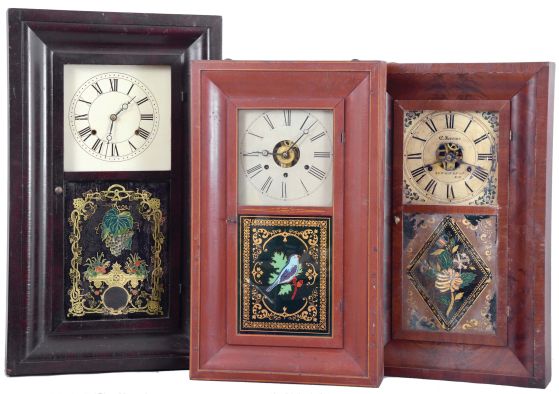 Clocks- 6 (Six): Seth Thomas Clock Co., Thomaston, Conn., 8 day, time and strike, weight brass movement OG shelf clock, c1870; (2) Chauncey Jerome, New Haven, Conn., 8 day, time, strike and alarm weight brass movement OG shelf clock, c1850. (3) Chauncey Jerome, New Haven, Conn., 30 hour, time and strike, weight brass movement OG shelf clock, c1850 (4) Daniel Pratt, Jr. Reading, Mass., 30 hour, time and strike, weight wood movement OG shelf clock, c1842. (5) Boardman & Wells, Bristol, Conn., 30 hour, time and strike, weight brass movement OG shelf clock, c1843. (6) E. N. Welch Mfg. Co., Forestville, Conn., 30 hour, time and strike, weight brass movement OG shelf clock, c1860