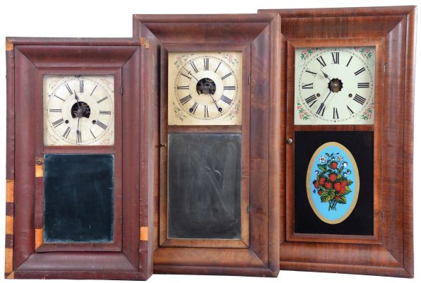 Clocks- 8 (Eight): (1) Waterbury Clock Co., Waterbury, Conn., 8 day, time and strike, weight brass movement OOG shelf clock, c1860; (2) Ansonia Brass Company, Ansonia, Conn., 30 hour, time and strike, weight brass movement OG shelf clock, c1860. (3) William S. Johnson, New York, 30 hour, time and strike, weight brass movement OG shelf clock, c1855. (4) Daniel Pratt & Sons, Boston, Mass., 8 day, time and strike, weight brass movement OG shelf clock, c1850 (5) Birge, Peck & Co., Bristol, Conn., 8 day, time and strike, weight brass movement OG shelf clock, c1855. (6) Elisha Manross, Bristol, Conn., 30 hour, time and strike, weight brass movement OG shelf clock, c1850. (7) Chauncey, Boardman, Bristol, Conn., 30 hour, time and strike, weight brass movement OG shelf clock, c1850 (8) E. C. Brewster & Co., Bristol, Conn., 30 hour, time and strike, spring brass iron backplate OG shelf clock, c1842.