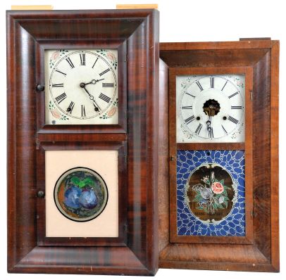 Clocks- 8 (Eight): (1) Waterbury Clock Co., Waterbury, Conn., 8 day, time and strike, weight brass movement OOG shelf clock, c1860; (2) Ansonia Brass Company, Ansonia, Conn., 30 hour, time and strike, weight brass movement OG shelf clock, c1860. (3) William S. Johnson, New York, 30 hour, time and strike, weight brass movement OG shelf clock, c1855. (4) Daniel Pratt & Sons, Boston, Mass., 8 day, time and strike, weight brass movement OG shelf clock, c1850 (5) Birge, Peck & Co., Bristol, Conn., 8 day, time and strike, weight brass movement OG shelf clock, c1855. (6) Elisha Manross, Bristol, Conn., 30 hour, time and strike, weight brass movement OG shelf clock, c1850. (7) Chauncey, Boardman, Bristol, Conn., 30 hour, time and strike, weight brass movement OG shelf clock, c1850 (8) E. C. Brewster & Co., Bristol, Conn., 30 hour, time and strike, spring brass iron backplate OG shelf clock, c1842.