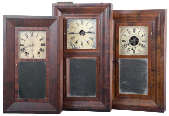 Clocks- 8 (Eight): (1) Henry C. Smith, Plymouth, Conn., 30 hour, time and strike, weight wood movement beveled case shelf clock, c1840; (2) Jones & Frisbee, New Hartford, Conn., 30 hour, time and strike, weight brass movement OG shelf clock, c1840. (3) Morse & Co., Plymouth Hollow, Conn., 30 hour, time and strike, weight brass movment OG shelf clock, c1855. (4) New Haven Clock Co., New Haven, Conn., 30 hour, time and strike, weight brass movement OG shelf clock, c1860 (5) New Haven Clock Co., New Haven, Conn., 8 day, time and strike, weight brass movement OOG shelf clock, c1870. (6) Smith Brothers Establishment, New York, 30 hour, time, strike and alarm weight brass movement OG shelf clock, c1850 (7) Forestville Manufacturing Co., (J.C. Brown), Bristol, Conn., 8 day, time and strike, weight brass movement OOG shelf clock, c1850 (8) Chauncey Jerome, New Haven, Conn., 8 day, time and strike, weight brass movement OOG shelf clock, c1850