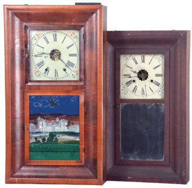 Clocks- 8 (Eight): (1) Henry C. Smith, Plymouth, Conn., 30 hour, time and strike, weight wood movement beveled case shelf clock, c1840; (2) Jones & Frisbee, New Hartford, Conn., 30 hour, time and strike, weight brass movement OG shelf clock, c1840. (3) Morse & Co., Plymouth Hollow, Conn., 30 hour, time and strike, weight brass movment OG shelf clock, c1855. (4) New Haven Clock Co., New Haven, Conn., 30 hour, time and strike, weight brass movement OG shelf clock, c1860 (5) New Haven Clock Co., New Haven, Conn., 8 day, time and strike, weight brass movement OOG shelf clock, c1870. (6) Smith Brothers Establishment, New York, 30 hour, time, strike and alarm weight brass movement OG shelf clock, c1850 (7) Forestville Manufacturing Co., (J.C. Brown), Bristol, Conn., 8 day, time and strike, weight brass movement OOG shelf clock, c1850 (8) Chauncey Jerome, New Haven, Conn., 8 day, time and strike, weight brass movement OOG shelf clock, c1850