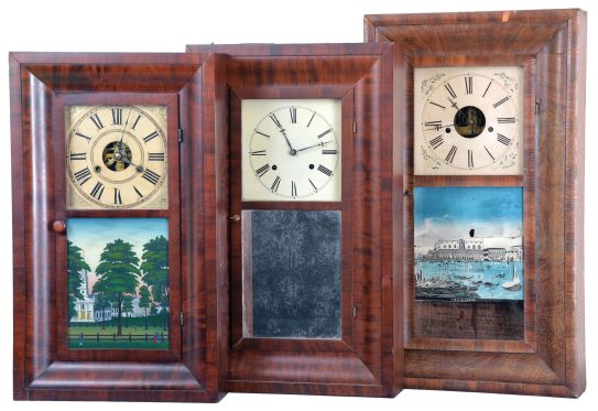 Clocks- 8 (Eight): (1) Henry C. Smith, Plymouth, Conn., 30 hour, time and strike, weight wood movement beveled case shelf clock, c1840; (2) Jones & Frisbee, New Hartford, Conn., 30 hour, time and strike, weight brass movement OG shelf clock, c1840. (3) Morse & Co., Plymouth Hollow, Conn., 30 hour, time and strike, weight brass movment OG shelf clock, c1855. (4) New Haven Clock Co., New Haven, Conn., 30 hour, time and strike, weight brass movement OG shelf clock, c1860 (5) New Haven Clock Co., New Haven, Conn., 8 day, time and strike, weight brass movement OOG shelf clock, c1870. (6) Smith Brothers Establishment, New York, 30 hour, time, strike and alarm weight brass movement OG shelf clock, c1850 (7) Forestville Manufacturing Co., (J.C. Brown), Bristol, Conn., 8 day, time and strike, weight brass movement OOG shelf clock, c1850 (8) Chauncey Jerome, New Haven, Conn., 8 day, time and strike, weight brass movement OOG shelf clock, c1850