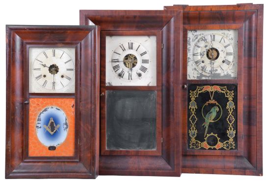 Clocks- 8 (Eight): (1) Daniel Pratt, Jr. Reading, Mass., 8 day, time and strike, weight brass movement OG shelf clock, c1850; (2) Ansonia Brass & Copper Co., Ansonia, Conn., 30 hour, time and strike, weight brass movement OG shelf clock, c1870 (3) Waterbury Clock Co., Waterbury, Conn., 30 hour, time and strike, weight brass movement OG shelf clock, c1870 (4) R. Blakeslee, Jr., New York, 30 hour, time and strike, weight brass "Davies Patent Lever" OG shelf clock, c. 1855. (5) Seth Thomas Clock Co., Thomaston, Conn., 8 day, time, strike and alarm weight brass movement OG shelf clock, c1870 (6) Chauncey Jerome, New Haven, Conn., 8 day, time and strike, weight brass movement OG shelf clock, c1850 (7) Birge & Fuller, Bristol, Conn., 8 day, time and strike, weight brass movement OG shelf clock, c1845 (8) Union Manufacturing Co., Bristol, Conn., 30 hour, time and strike, weight brass movement OG shelf clock, c1845