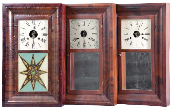 Clocks- 8 (Eight): (1) Daniel Pratt, Jr. Reading, Mass., 8 day, time and strike, weight brass movement OG shelf clock, c1850; (2) Ansonia Brass & Copper Co., Ansonia, Conn., 30 hour, time and strike, weight brass movement OG shelf clock, c1870 (3) Waterbury Clock Co., Waterbury, Conn., 30 hour, time and strike, weight brass movement OG shelf clock, c1870 (4) R. Blakeslee, Jr., New York, 30 hour, time and strike, weight brass "Davies Patent Lever" OG shelf clock, c. 1855. (5) Seth Thomas Clock Co., Thomaston, Conn., 8 day, time, strike and alarm weight brass movement OG shelf clock, c1870 (6) Chauncey Jerome, New Haven, Conn., 8 day, time and strike, weight brass movement OG shelf clock, c1850 (7) Birge & Fuller, Bristol, Conn., 8 day, time and strike, weight brass movement OG shelf clock, c1845 (8) Union Manufacturing Co., Bristol, Conn., 30 hour, time and strike, weight brass movement OG shelf clock, c1845