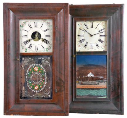 Clocks- 8 (Eight): (1) Daniel Pratt, Jr. Reading, Mass., 8 day, time and strike, weight brass movement OG shelf clock, c1850; (2) Ansonia Brass & Copper Co., Ansonia, Conn., 30 hour, time and strike, weight brass movement OG shelf clock, c1870 (3) Waterbury Clock Co., Waterbury, Conn., 30 hour, time and strike, weight brass movement OG shelf clock, c1870 (4) R. Blakeslee, Jr., New York, 30 hour, time and strike, weight brass "Davies Patent Lever" OG shelf clock, c. 1855. (5) Seth Thomas Clock Co., Thomaston, Conn., 8 day, time, strike and alarm weight brass movement OG shelf clock, c1870 (6) Chauncey Jerome, New Haven, Conn., 8 day, time and strike, weight brass movement OG shelf clock, c1850 (7) Birge & Fuller, Bristol, Conn., 8 day, time and strike, weight brass movement OG shelf clock, c1845 (8) Union Manufacturing Co., Bristol, Conn., 30 hour, time and strike, weight brass movement OG shelf clock, c1845