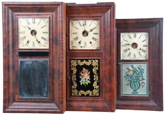 Clocks- 8 (Eight): (1) Alfred Lowrey, Bristol, Conn., 30 hour, time and strike, weight brass movement OG shelf clock, c1845; (2) Waterbury Clock Co., Waterbury, Conn., 8 day, time, strike and alarm weight brass movement OG shelf clock. (3) New Haven Clock Co., New Haven, Conn., 30 hour, time, strike and alarm weight brass movement OG shelf clock, c1870 (4) Waterbury Clock Co., Waterbury, Conn., 30 hour, time and strike, weight brass movement OG shelf clock. (5) William S. Johnson, New York, 30 hour, time and strike, weight brass movement OG shelf clock, c1855 (6) Chauncey Jerome, New Haven, Conn., 8 day, time and strike, weight brass movement OOG shelf clock, c1850 (7) Jerome, & Company, New Haven, Conn., 8 day, time and strike, weight brass movement) OG shelf clock, c1870 (8) Chauncey Jerome, New Haven, Conn., 30 hour, time and strike, weight brass movement OG shelf clock, c1850