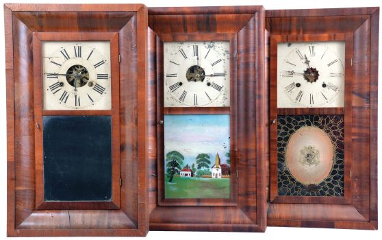 Clocks- 8 (Eight): (1) Alfred Lowrey, Bristol, Conn., 30 hour, time and strike, weight brass movement OG shelf clock, c1845; (2) Waterbury Clock Co., Waterbury, Conn., 8 day, time, strike and alarm weight brass movement OG shelf clock. (3) New Haven Clock Co., New Haven, Conn., 30 hour, time, strike and alarm weight brass movement OG shelf clock, c1870 (4) Waterbury Clock Co., Waterbury, Conn., 30 hour, time and strike, weight brass movement OG shelf clock. (5) William S. Johnson, New York, 30 hour, time and strike, weight brass movement OG shelf clock, c1855 (6) Chauncey Jerome, New Haven, Conn., 8 day, time and strike, weight brass movement OOG shelf clock, c1850 (7) Jerome, & Company, New Haven, Conn., 8 day, time and strike, weight brass movement) OG shelf clock, c1870 (8) Chauncey Jerome, New Haven, Conn., 30 hour, time and strike, weight brass movement OG shelf clock, c1850