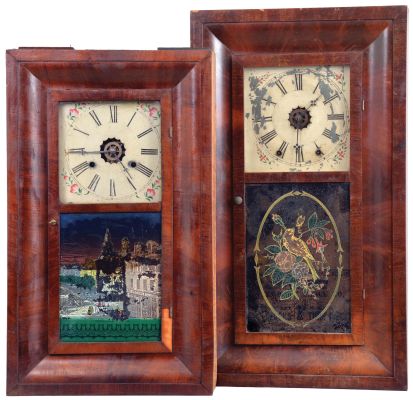 Clocks- 8 (Eight): (1) Alfred Lowrey, Bristol, Conn., 30 hour, time and strike, weight brass movement OG shelf clock, c1845; (2) Waterbury Clock Co., Waterbury, Conn., 8 day, time, strike and alarm weight brass movement OG shelf clock. (3) New Haven Clock Co., New Haven, Conn., 30 hour, time, strike and alarm weight brass movement OG shelf clock, c1870 (4) Waterbury Clock Co., Waterbury, Conn., 30 hour, time and strike, weight brass movement OG shelf clock. (5) William S. Johnson, New York, 30 hour, time and strike, weight brass movement OG shelf clock, c1855 (6) Chauncey Jerome, New Haven, Conn., 8 day, time and strike, weight brass movement OOG shelf clock, c1850 (7) Jerome, & Company, New Haven, Conn., 8 day, time and strike, weight brass movement) OG shelf clock, c1870 (8) Chauncey Jerome, New Haven, Conn., 30 hour, time and strike, weight brass movement OG shelf clock, c1850