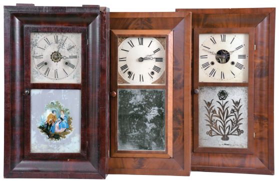 Clocks- 8 (Eight): (1) Terry & Andrews, Bristol, Conn., 30 hour, time and strike, weight brass movement OG shelf clock, c1850; (2) Ansonia Brass Co., Ansonia, Conn., 30 hour, time and strike, weight brass movement OG shelf clock, c1855 (3) Waterbury Clock Co., Waterbury, Conn., 30 hour, time and strike, weight brass movement OG shelf clock, c1860 (4) Jerome & Co., New Haven, Conn., 30 hour, time and strike, weight brass movement OG shelf clock, c1870 (5) Unknown, 46 Courtland St., New York, 30 hour, time and strike, weight brass movement OG shelf clock, c1850 (6) E. N. Welch Mfg. Co., Forestville, Conn., 30 hour, time, strike and alarm weight brass movement OG shelf clock, c1860 (7) Henry C. Smith, Bristol, Conn., 30 hour, time and strike, weight brass movement OG shelf clock, c1845 (8) Charles Stratton, Worcester, Mass., 30 hour, time and strike, weight wood movement bevel case shelf clock, c1841
