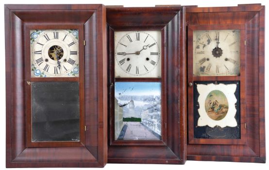 Clocks- 8 (Eight): (1) Terry & Andrews, Bristol, Conn., 30 hour, time and strike, weight brass movement OG shelf clock, c1850; (2) Ansonia Brass Co., Ansonia, Conn., 30 hour, time and strike, weight brass movement OG shelf clock, c1855 (3) Waterbury Clock Co., Waterbury, Conn., 30 hour, time and strike, weight brass movement OG shelf clock, c1860 (4) Jerome & Co., New Haven, Conn., 30 hour, time and strike, weight brass movement OG shelf clock, c1870 (5) Unknown, 46 Courtland St., New York, 30 hour, time and strike, weight brass movement OG shelf clock, c1850 (6) E. N. Welch Mfg. Co., Forestville, Conn., 30 hour, time, strike and alarm weight brass movement OG shelf clock, c1860 (7) Henry C. Smith, Bristol, Conn., 30 hour, time and strike, weight brass movement OG shelf clock, c1845 (8) Charles Stratton, Worcester, Mass., 30 hour, time and strike, weight wood movement bevel case shelf clock, c1841