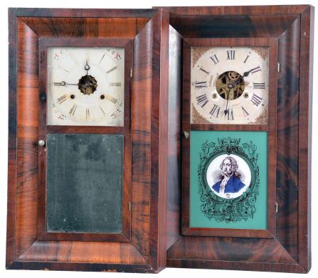Clocks- 8 (Eight): (1) Terry & Andrews, Bristol, Conn., 30 hour, time and strike, weight brass movement OG shelf clock, c1850; (2) Ansonia Brass Co., Ansonia, Conn., 30 hour, time and strike, weight brass movement OG shelf clock, c1855 (3) Waterbury Clock Co., Waterbury, Conn., 30 hour, time and strike, weight brass movement OG shelf clock, c1860 (4) Jerome & Co., New Haven, Conn., 30 hour, time and strike, weight brass movement OG shelf clock, c1870 (5) Unknown, 46 Courtland St., New York, 30 hour, time and strike, weight brass movement OG shelf clock, c1850 (6) E. N. Welch Mfg. Co., Forestville, Conn., 30 hour, time, strike and alarm weight brass movement OG shelf clock, c1860 (7) Henry C. Smith, Bristol, Conn., 30 hour, time and strike, weight brass movement OG shelf clock, c1845 (8) Charles Stratton, Worcester, Mass., 30 hour, time and strike, weight wood movement bevel case shelf clock, c1841