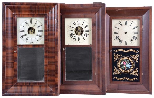 Clocks- 8 (Eight): (1) New Haven Clock Co., New Haven, Conn., 30 hour, time and strike, weight brass movement OG shelf clock, c1860; (2) Bristol Brass and Clock Co., Bristol, Conn., 30 hour, time, strike and alarm weight brass movement OG shelf clock, c1850 (3) William L. Gilbert, Winchester, Conn., 30 hour, time and strike, weight brass movement OG shelf clock, c1842 (4) H. Sperry, New York, 30 hour, time and strike, weight wood movement OG shelf clock, c1840 (5) Seth Thomas Clock Co., Thomaston, Conn., 8 day, time, strike and alarm weight brass movement OG shelf clock, c1870 (6) E. C. Brewster & Son, Bristol, Conn., 30 hour, time and strike, weight brass movement OG shelf clock, c1855 (7) Atkins, Porter & Co., Bristol, Conn., 30 hour, time and strike, weight brass movement OG shelf clock, c1843 (8) Hotchkiss & Fields, Burlington, Conn., 30 hour, time and strike, weight wood movement bevel case shelf clock, c1845