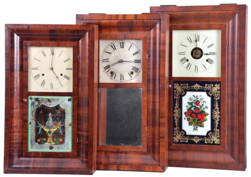 Clocks- 8 (Eight): (1) New Haven Clock Co., New Haven, Conn., 30 hour, time and strike, weight brass movement OG shelf clock, c1860; (2) Bristol Brass and Clock Co., Bristol, Conn., 30 hour, time, strike and alarm weight brass movement OG shelf clock, c1850 (3) William L. Gilbert, Winchester, Conn., 30 hour, time and strike, weight brass movement OG shelf clock, c1842 (4) H. Sperry, New York, 30 hour, time and strike, weight wood movement OG shelf clock, c1840 (5) Seth Thomas Clock Co., Thomaston, Conn., 8 day, time, strike and alarm weight brass movement OG shelf clock, c1870 (6) E. C. Brewster & Son, Bristol, Conn., 30 hour, time and strike, weight brass movement OG shelf clock, c1855 (7) Atkins, Porter & Co., Bristol, Conn., 30 hour, time and strike, weight brass movement OG shelf clock, c1843 (8) Hotchkiss & Fields, Burlington, Conn., 30 hour, time and strike, weight wood movement bevel case shelf clock, c1845