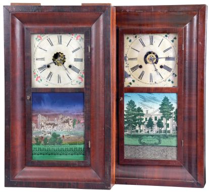 Clocks- 8 (Eight): (1) New Haven Clock Co., New Haven, Conn., 30 hour, time and strike, weight brass movement OG shelf clock, c1860; (2) Bristol Brass and Clock Co., Bristol, Conn., 30 hour, time, strike and alarm weight brass movement OG shelf clock, c1850 (3) William L. Gilbert, Winchester, Conn., 30 hour, time and strike, weight brass movement OG shelf clock, c1842 (4) H. Sperry, New York, 30 hour, time and strike, weight wood movement OG shelf clock, c1840 (5) Seth Thomas Clock Co., Thomaston, Conn., 8 day, time, strike and alarm weight brass movement OG shelf clock, c1870 (6) E. C. Brewster & Son, Bristol, Conn., 30 hour, time and strike, weight brass movement OG shelf clock, c1855 (7) Atkins, Porter & Co., Bristol, Conn., 30 hour, time and strike, weight brass movement OG shelf clock, c1843 (8) Hotchkiss & Fields, Burlington, Conn., 30 hour, time and strike, weight wood movement bevel case shelf clock, c1845