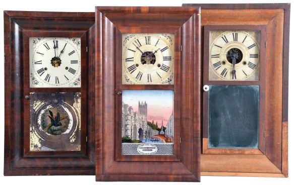 Clocks- 8 (Eight): (1) Comstock & Minor, Plymouth, Conn., 30 hour, time and strike, weight wood movement bevel case shelf clock, c1845; (2) E. & A. Ingraham, Bristol, Conn., 30 hour, time and strike, weight brass movement OG shelf clock, c1852 (3) H. Welton & Co., Terrysville, Conn., 30 hour, time and strike, weight brass movement OG shelf clock, c1841. (4) Seth Thomas Clock Co., Thomaston, Conn., 30 hour, time and strike, weight brass movement OG shelf clock c1870 (5) Smith & Goodrich, Forestville, Conn., 30 hour, time, strike and alarm weight brass movement OG shelf clock, c1850 (6) C. Boardman, Bristol, Conn., 30 hour, time and strike, weight brass movement OG shelf clock, c1845 (7) Waterbury Clock Co., Waterbury, Conn.,30 hour, time and strike, weight brass movement OG shelf clock, c1860 (8) Boardman & Wells, Bristol, Conn., 30 hour, time and strike, weight wood movement bevel case shelf clock, c1840