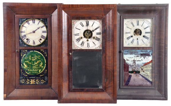 Clocks- 8 (Eight): (1) Comstock & Minor, Plymouth, Conn., 30 hour, time and strike, weight wood movement bevel case shelf clock, c1845; (2) E. & A. Ingraham, Bristol, Conn., 30 hour, time and strike, weight brass movement OG shelf clock, c1852 (3) H. Welton & Co., Terrysville, Conn., 30 hour, time and strike, weight brass movement OG shelf clock, c1841. (4) Seth Thomas Clock Co., Thomaston, Conn., 30 hour, time and strike, weight brass movement OG shelf clock c1870 (5) Smith & Goodrich, Forestville, Conn., 30 hour, time, strike and alarm weight brass movement OG shelf clock, c1850 (6) C. Boardman, Bristol, Conn., 30 hour, time and strike, weight brass movement OG shelf clock, c1845 (7) Waterbury Clock Co., Waterbury, Conn.,30 hour, time and strike, weight brass movement OG shelf clock, c1860 (8) Boardman & Wells, Bristol, Conn., 30 hour, time and strike, weight wood movement bevel case shelf clock, c1840