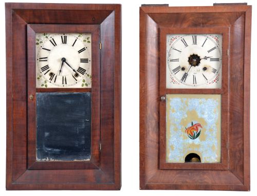 Clocks- 8 (Eight): (1) Comstock & Minor, Plymouth, Conn., 30 hour, time and strike, weight wood movement bevel case shelf clock, c1845; (2) E. & A. Ingraham, Bristol, Conn., 30 hour, time and strike, weight brass movement OG shelf clock, c1852 (3) H. Welton & Co., Terrysville, Conn., 30 hour, time and strike, weight brass movement OG shelf clock, c1841. (4) Seth Thomas Clock Co., Thomaston, Conn., 30 hour, time and strike, weight brass movement OG shelf clock c1870 (5) Smith & Goodrich, Forestville, Conn., 30 hour, time, strike and alarm weight brass movement OG shelf clock, c1850 (6) C. Boardman, Bristol, Conn., 30 hour, time and strike, weight brass movement OG shelf clock, c1845 (7) Waterbury Clock Co., Waterbury, Conn.,30 hour, time and strike, weight brass movement OG shelf clock, c1860 (8) Boardman & Wells, Bristol, Conn., 30 hour, time and strike, weight wood movement bevel case shelf clock, c1840