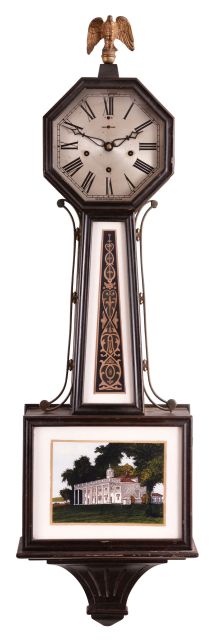 Clocks- 3 (Three): (1) New Haven Clock Co., New Haven, Conn., "Washington", 8 day, time, strike and Westminster chime spring brass movement patent or banjo clock, c1923 (2) William L. Gilbert Clock Co., Winsted, Conn., "Thespian", 8 day, time and strike, spring brass movement wall clock, c1910 (3) Ansonia Clock Co., New York, "Reflector", 8 day, time and strike, spring brass movement wall clock, c1886