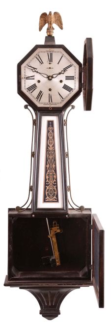Clocks- 3 (Three): (1) New Haven Clock Co., New Haven, Conn., "Washington", 8 day, time, strike and Westminster chime spring brass movement patent or banjo clock, c1923 (2) William L. Gilbert Clock Co., Winsted, Conn., "Thespian", 8 day, time and strike, spring brass movement wall clock, c1910 (3) Ansonia Clock Co., New York, "Reflector", 8 day, time and strike, spring brass movement wall clock, c1886