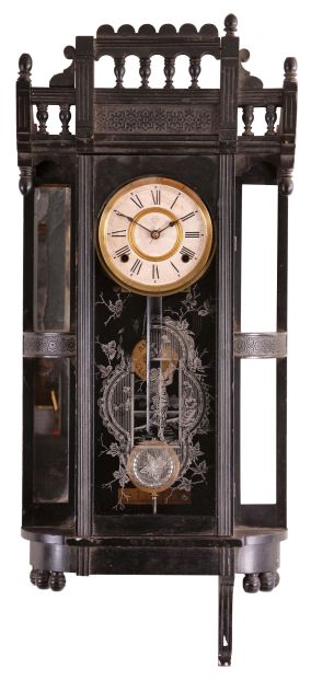Clocks- 3 (Three): (1) New Haven Clock Co., New Haven, Conn., "Washington", 8 day, time, strike and Westminster chime spring brass movement patent or banjo clock, c1923 (2) William L. Gilbert Clock Co., Winsted, Conn., "Thespian", 8 day, time and strike, spring brass movement wall clock, c1910 (3) Ansonia Clock Co., New York, "Reflector", 8 day, time and strike, spring brass movement wall clock, c1886