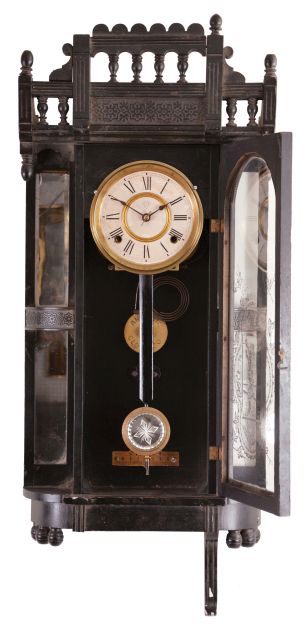 Clocks- 3 (Three): (1) New Haven Clock Co., New Haven, Conn., "Washington", 8 day, time, strike and Westminster chime spring brass movement patent or banjo clock, c1923 (2) William L. Gilbert Clock Co., Winsted, Conn., "Thespian", 8 day, time and strike, spring brass movement wall clock, c1910 (3) Ansonia Clock Co., New York, "Reflector", 8 day, time and strike, spring brass movement wall clock, c1886