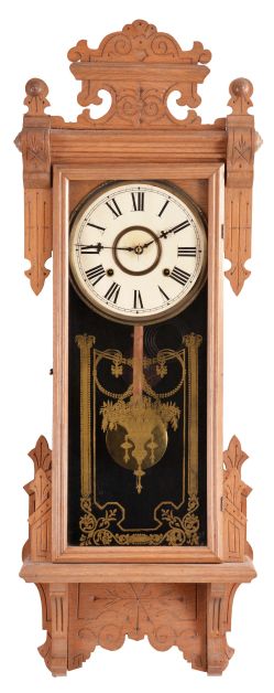Clocks- 3 (Three): (1) New Haven Clock Co., New Haven, Conn., "Washington", 8 day, time, strike and Westminster chime spring brass movement patent or banjo clock, c1923 (2) William L. Gilbert Clock Co., Winsted, Conn., "Thespian", 8 day, time and strike, spring brass movement wall clock, c1910 (3) Ansonia Clock Co., New York, "Reflector", 8 day, time and strike, spring brass movement wall clock, c1886