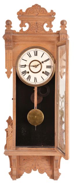 Clocks- 3 (Three): (1) New Haven Clock Co., New Haven, Conn., "Washington", 8 day, time, strike and Westminster chime spring brass movement patent or banjo clock, c1923 (2) William L. Gilbert Clock Co., Winsted, Conn., "Thespian", 8 day, time and strike, spring brass movement wall clock, c1910 (3) Ansonia Clock Co., New York, "Reflector", 8 day, time and strike, spring brass movement wall clock, c1886
