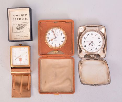 Travel clocks- 3 (Three): All Swiss, the first a LeCoultre, 8 day, time and alarm movement, silvered arabic numeral and arrow marker dial, folding metal case, with its original outer box and instruction sheet, the next also with 8 day, time and alarm movement, arabic numeral white enamel dial, and folding, sterling silver case, and the last with 8 day, quarter repeating movement, arabic numeral white enamel dial, and folding, leather covered case