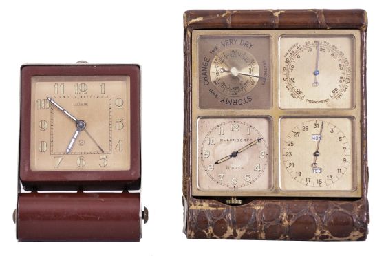 Travel clocks- 4 (Four): The first a travelers compendium by Ollendorff, the folding, crocodile covered case containing an 8 day, timepiece, barometer, thermometer, and manual calendar displaying the month, day, and date, the next by LeCoultre, 8 day, time and alarm movement, with folding, rectangular metal case, the third an 8 day, timepiece with arabic numeral white enamel dial, and the last an oversize pocket watch, 8 day, timepiece movement, roman numeral white enamel dial, nickel open face case, compendium dimensions listed