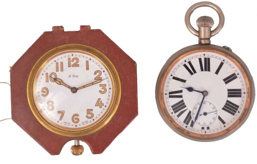 Travel clocks- 4 (Four): The first a travelers compendium by Ollendorff, the folding, crocodile covered case containing an 8 day, timepiece, barometer, thermometer, and manual calendar displaying the month, day, and date, the next by LeCoultre, 8 day, time and alarm movement, with folding, rectangular metal case, the third an 8 day, timepiece with arabic numeral white enamel dial, and the last an oversize pocket watch, 8 day, timepiece movement, roman numeral white enamel dial, nickel open face case, compendium dimensions listed