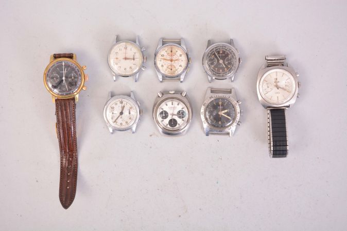 Wrist watches- 8 (Eight): All chronographs, including a Wakmann, 17 jewel Venus cal. 188 movement, arabic numeral and arrow marker metal dial, gold filled case, an Alpha, 17 jewel Valjoux cal. 92 movement, arabic numeral and tapered baton marker metal dial, stainless steel case, the next an Imperial, 17 jewel Venus cal. 170 movement, arabic numeral and dot marker metal dial, stainless steel case, a Gallet, 17 jewel Landeron cal. 248 movement, arabic numeral metal dial, stainless steel case, and four others
