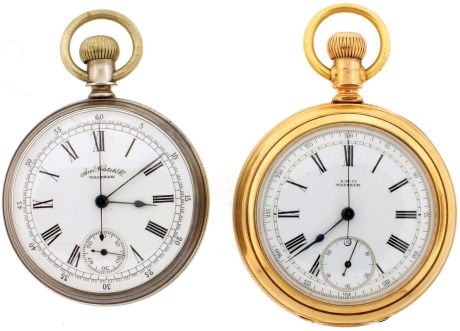Pocket watches- 2 (Two): Both 14 size, Waltham model 1874 chronographs, the first with 13 jewel gilt movement, roman numeral white enamel dial, gold filled open face case, serial #3162115, the other with 13 jewel gilt movement, Roman numeral white enamel dial, and silver open face case, serial #3161236
