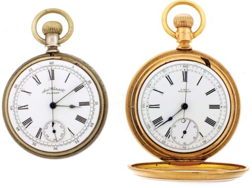 Pocket watches- 2 (Two): Both 14 size, Waltham model 1874 chronographs, the first with 13 jewel gilt movement, roman numeral white enamel dial, gold filled open face case, serial #3162115, the other with 13 jewel gilt movement, Roman numeral white enamel dial, and silver open face case, serial #3161236