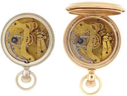 Pocket watches- 2 (Two): Both 14 size, Waltham model 1874 chronographs, the first with 13 jewel gilt movement, roman numeral white enamel dial, gold filled open face case, serial #3162115, the other with 13 jewel gilt movement, Roman numeral white enamel dial, and silver open face case, serial #3161236