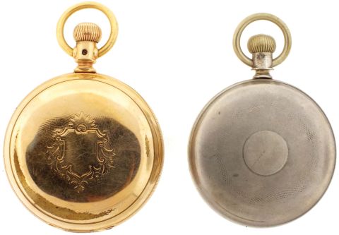 Pocket watches- 2 (Two): Both 14 size, Waltham model 1874 chronographs, the first with 13 jewel gilt movement, roman numeral white enamel dial, gold filled open face case, serial #3162115, the other with 13 jewel gilt movement, Roman numeral white enamel dial, and silver open face case, serial #3161236