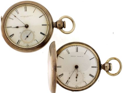 Pocket watches- 2 (Two): The first a Tremont Watch Co., 18 size, 11- 15 jewel gilt movement, roman numeral white enamel dial, silver open face case, serial #7870, the other a Melrose Watch Co., 11- 15 jewel gilt movement, roman numeral white enamel dial, coin silver hunting case, serial #31357