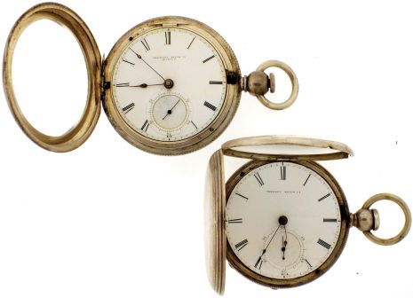 Pocket watches- 2 (Two): The first a Tremont Watch Co., 18 size, 11- 15 jewel gilt movement, roman numeral white enamel dial, silver open face case, serial #7870, the other a Melrose Watch Co., 11- 15 jewel gilt movement, roman numeral white enamel dial, coin silver hunting case, serial #31357