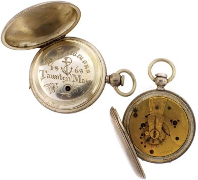 Pocket watches- 2 (Two): The first a Tremont Watch Co., 18 size, 11- 15 jewel gilt movement, roman numeral white enamel dial, silver open face case, serial #7870, the other a Melrose Watch Co., 11- 15 jewel gilt movement, roman numeral white enamel dial, coin silver hunting case, serial #31357