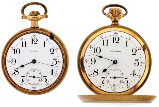 Pocket watches- 2 (Two): Both Waltham, the first a model 1892 "Vanguard", 18 size, 23 jewel damascened nickel movement, Arabic numeral white enamel dial, gold filled open face case, serial #12565238, the other a 16 size model 1899 "Vanguard", 23 jewel damascened nickel movement, Arabic numeral white enamel dial, gold filled open face case, serial #16028265