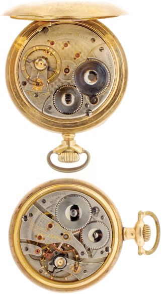 Pocket watches- 2 (Two): Both Waltham, the first a model 1892 "Vanguard", 18 size, 23 jewel damascened nickel movement, Arabic numeral white enamel dial, gold filled open face case, serial #12565238, the other a 16 size model 1899 "Vanguard", 23 jewel damascened nickel movement, Arabic numeral white enamel dial, gold filled open face case, serial #16028265