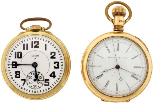 Pocket watches- 2 (Two): Both 16 size Elgin, the first a "doctors watch", 15 jewel gilt movement, roman numeral white enamel dial, gold filled open face case, serial #943410, and a "B.W. Raymond", 23 jewel damascened nickel movement, arabic numeral white enamel dial, gold filled open face case, serial #38780416