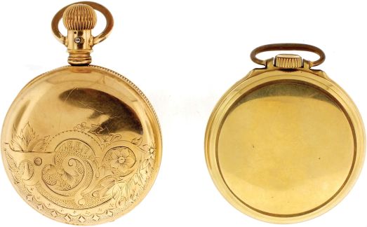Pocket watches- 2 (Two): Both 16 size Elgin, the first a "doctors watch", 15 jewel gilt movement, roman numeral white enamel dial, gold filled open face case, serial #943410, and a "B.W. Raymond", 23 jewel damascened nickel movement, arabic numeral white enamel dial, gold filled open face case, serial #38780416