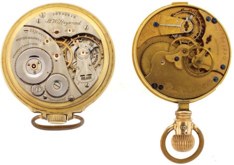 Pocket watches- 2 (Two): Both 16 size Elgin, the first a "doctors watch", 15 jewel gilt movement, roman numeral white enamel dial, gold filled open face case, serial #943410, and a "B.W. Raymond", 23 jewel damascened nickel movement, arabic numeral white enamel dial, gold filled open face case, serial #38780416
