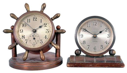 Clocks- 2 (Two) Chelsea: (1) Chelsea Clock Co., Boston, "Clinton" desk timepiece, 8 day, time only, spring-driven balance wheel movement, the case in the shape of a ship