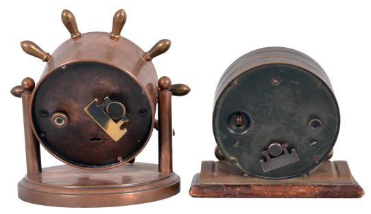 Clocks- 2 (Two) Chelsea: (1) Chelsea Clock Co., Boston, "Clinton" desk timepiece, 8 day, time only, spring-driven balance wheel movement, the case in the shape of a ship