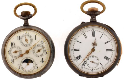 Pocket watches- 2 (Two): Both Swiss, the first a quarter repeater, 19 ligne, 16 jewel nickel movement, roman numeral white enamel dial, gun metal case, the other a triple calendar with moon phase display, 19 ligne, 15 jewel nickel movement, white enamel dial, gun metal case