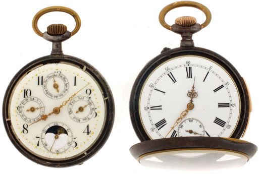 Pocket watches- 2 (Two): Both Swiss, the first a quarter repeater, 19 ligne, 16 jewel nickel movement, roman numeral white enamel dial, gun metal case, the other a triple calendar with moon phase display, 19 ligne, 15 jewel nickel movement, white enamel dial, gun metal case